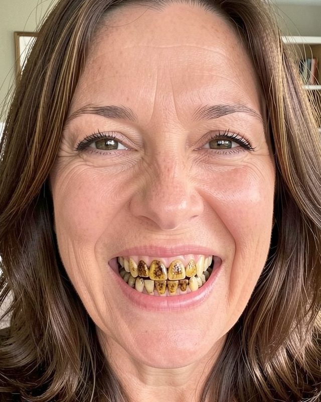 A woman smiling with stained teeth, before the preview